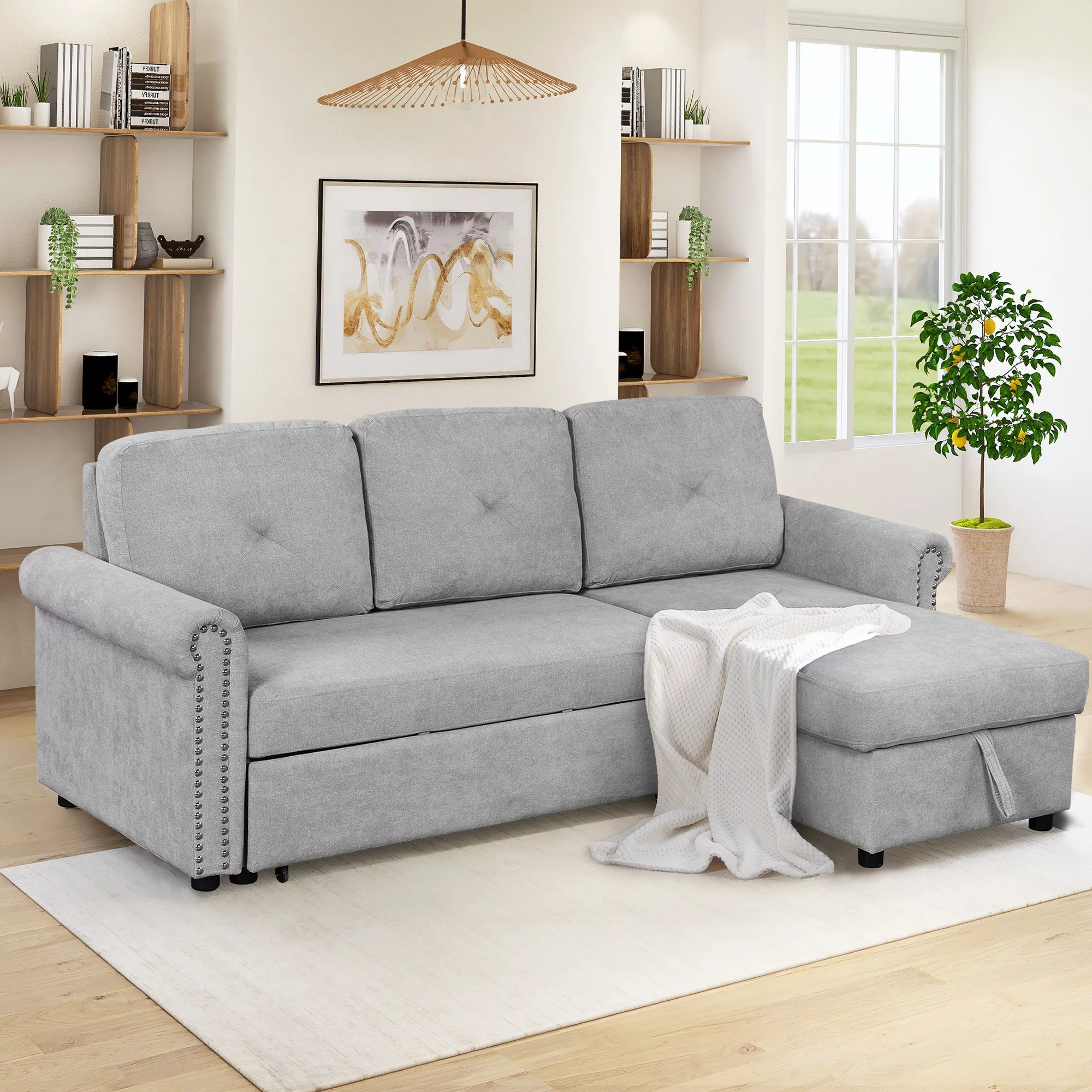 Euroco 83" L Shaped Sofa Bed Modern Convertible Sleeper Sofa Bed with Storage Chaise, Gray - Curated Treasures Market
