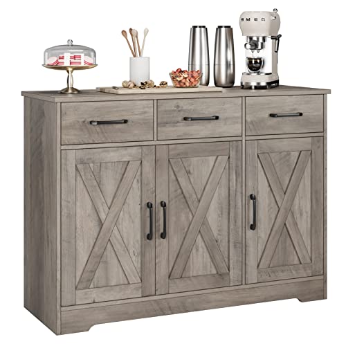 HOSTACK Modern Farmhouse Sideboard Buffet Cabinet, Barn Doors Buffet Storage Cabinet with Drawers and Shelves