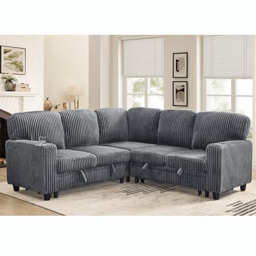 L-Shaped Pull Out Sleep Sofabed,Modern Reversible Sleeper Sectional Sofa Chenille Upholstered Button Tufted Decor with Storage Chaise