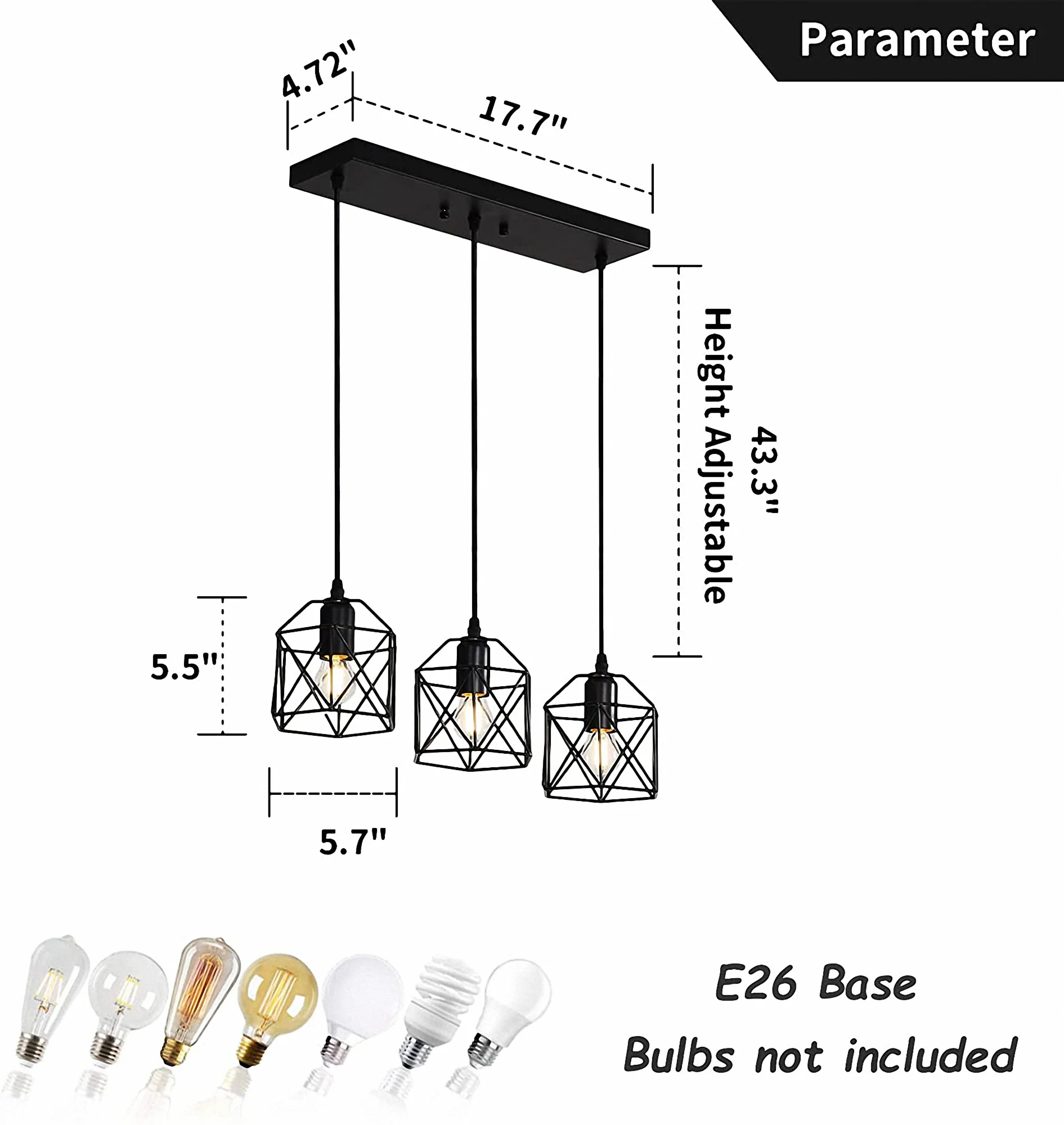 LOHAS 3 Lights Pendant Lighting,Black Finish Cage Vintage Hanging Pendant,for Dinning Room Kitchen Bar Cafe