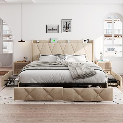 iPormis Queen Bed Frame with 4 Storage Drawers, Upholstered Platform Bed Frame with Charging Station, Modern Wingback Storage Headboard