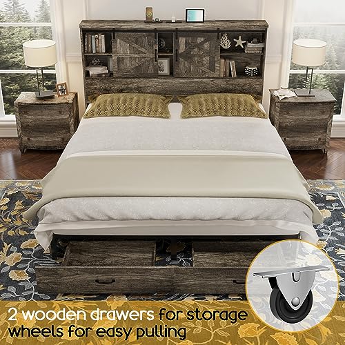 HOWE King Size Bed Frame, Wood Platform Bed Frame with 51.2" Bookcase Headboard, Storage Bed with Sliding Barn Door Charging Station 2 Drawers