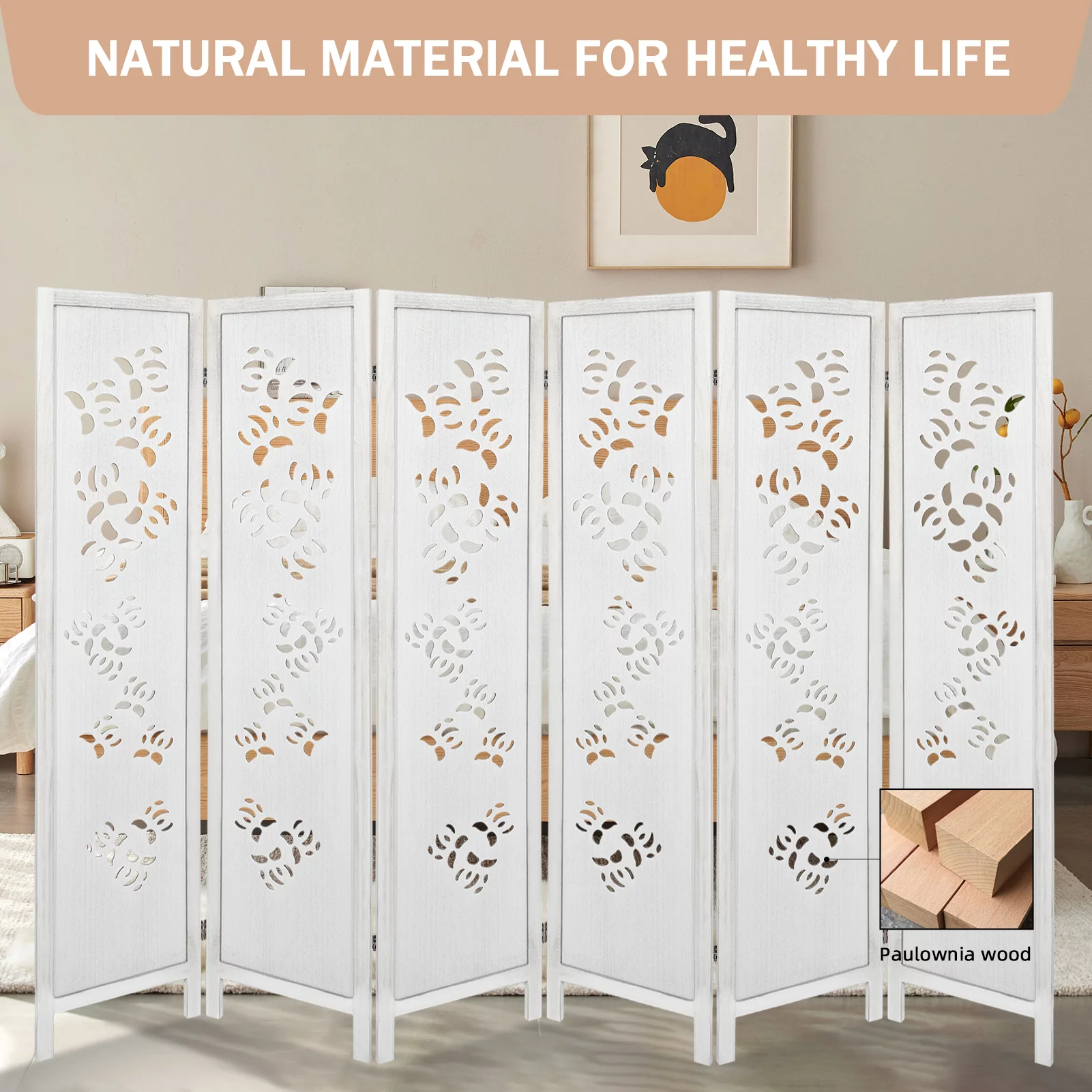 Hofitlead 6 Panel Carved Room Dividers 5.6FT Wooden Folding Screen Freestanding Privacy Partition Wall for Bedroom Living Room Office