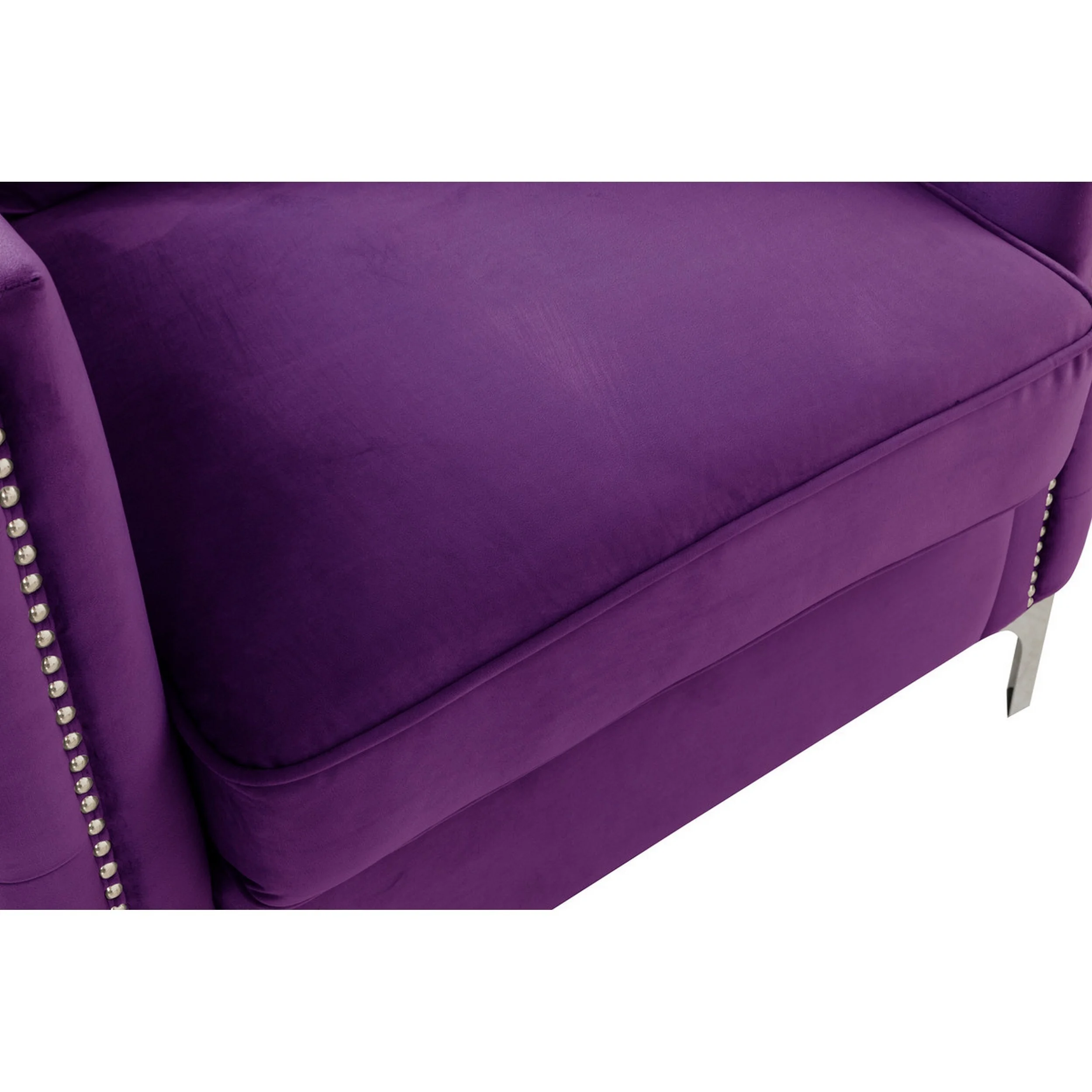 Zion 73 Inch Modern Sofa, Button Tufted Purple Velvet with Nailhead Trim
