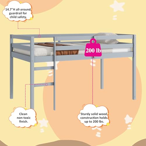 Low Loft Bed Twin Size, Kids Solid Wood Modern Loft Bed Frame with Ladder and Safety Guardrail for Girls Boys, Noise-Free,Non-Toxic Finishes