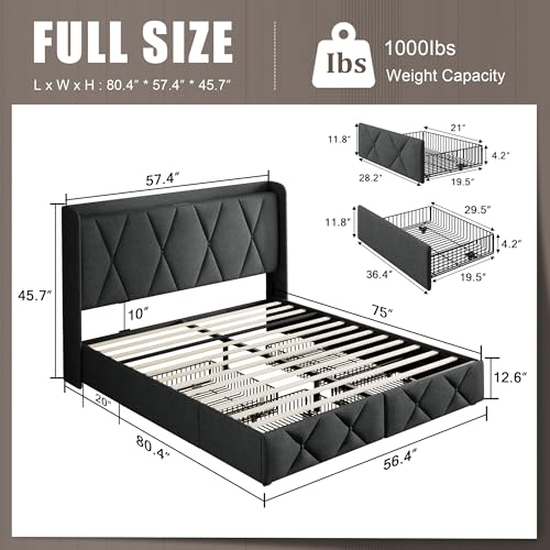 Queen Bed Frame with 4 Storage Drawers and Charging Station, Upholstered Platform Bed Frame with Storage Headboard, No Box Spring Needed