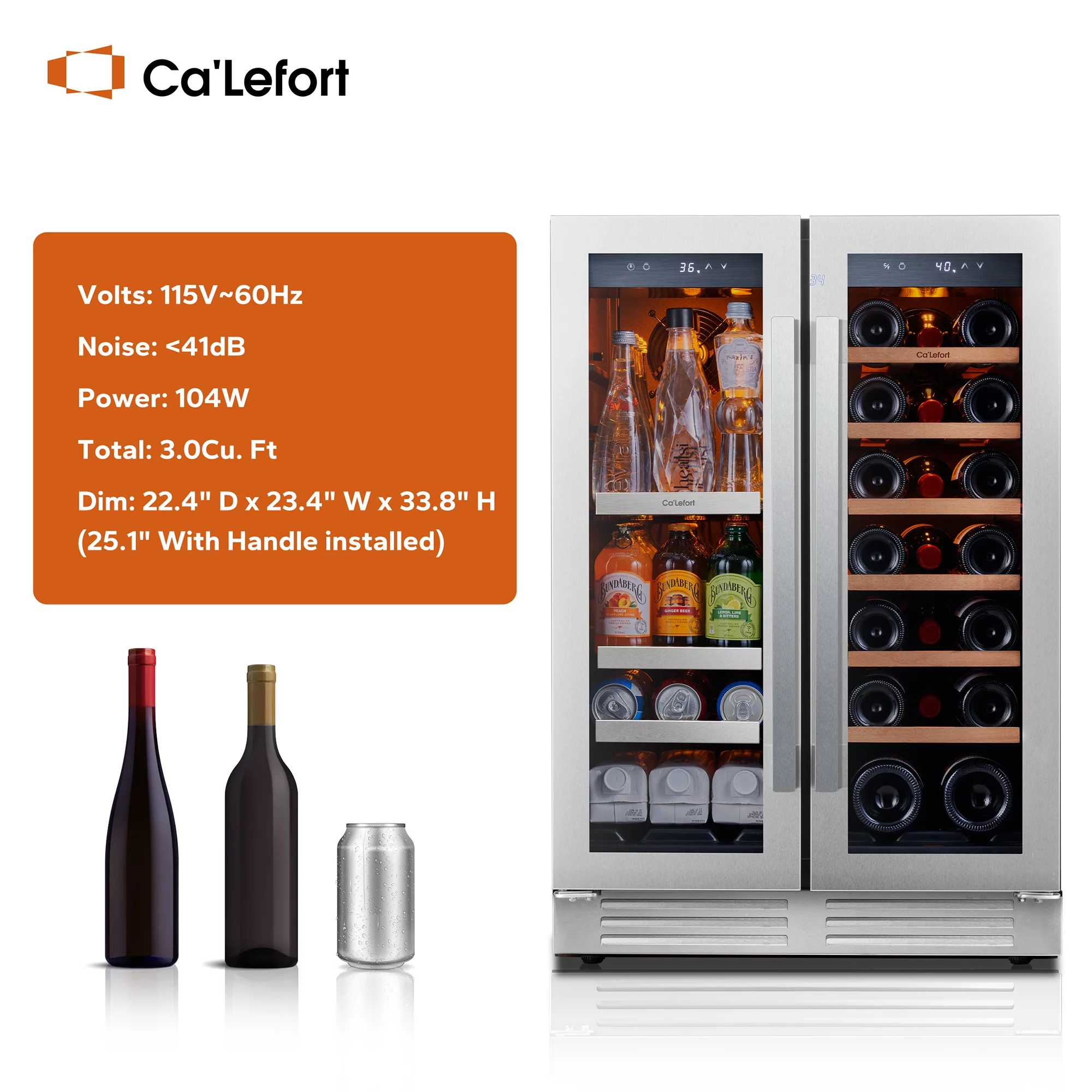 Ca'Lefort 24 inch Wine Cooler Beverage Refrigerator, Hold 60 Cans and 20 Bottles Dual Zone Wine Fridge with Stainless Steel French Door