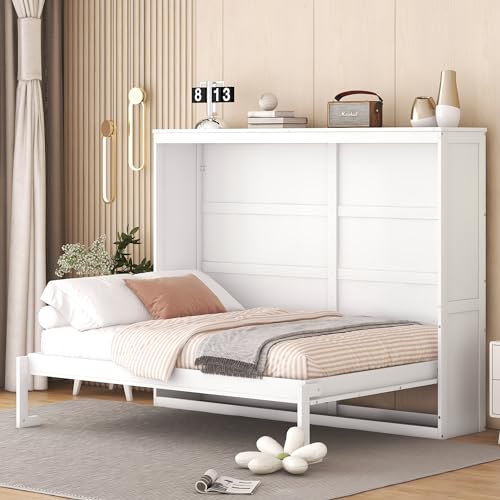 Harper & Bright Designs Queen Size Murphy Bed Wall Bed with Storage Shelves, Wardrobe and LED Lights