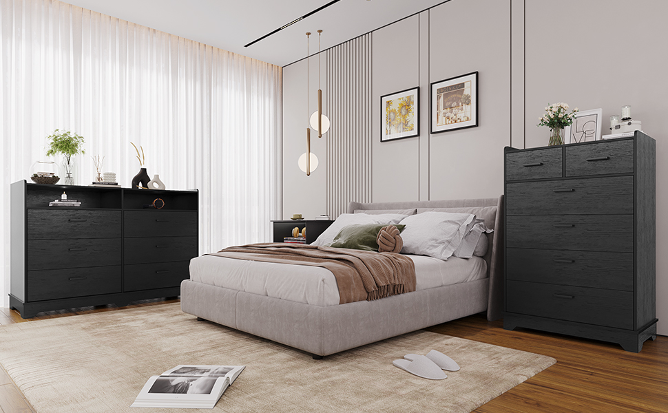 Classic 6 Drawer Dresser,Wood Finish,Modern Farmhouse Storage Tower Chests of Drawers and Open Cubby,for Bedroom,Living Room,Black