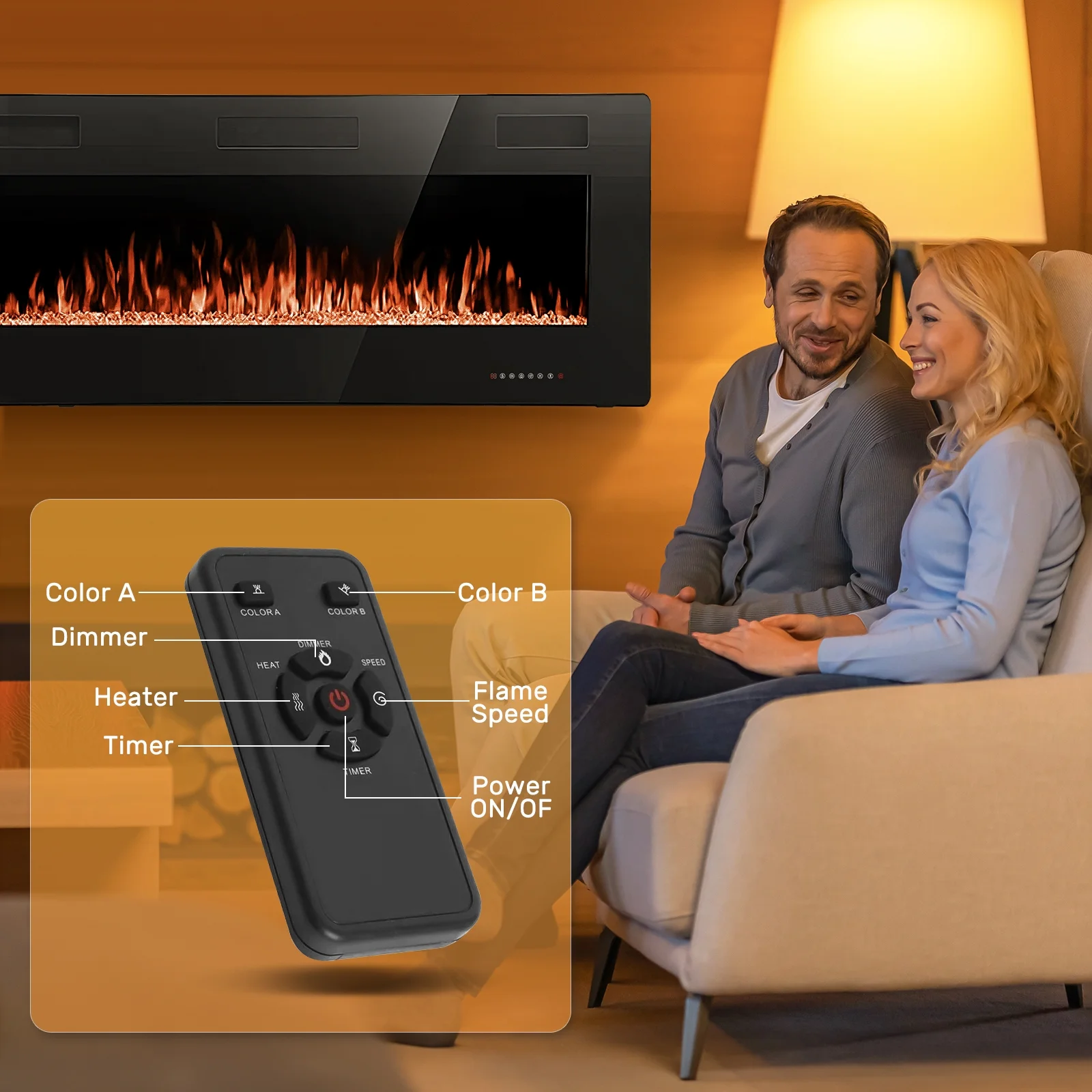 Auseo 42 inch Embedded Wall Mounted Indoor Electric Fireplace, Ultra-thin Low Noise Lightweight LED Fireplace Heater, Touch Screen, Timer, 1500W