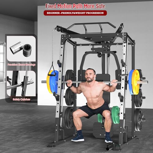 SunHome Smith Machine, 2000LBS Power Cage Squat Rack with Smith Bar, Two LAT Pull-Down Systems
