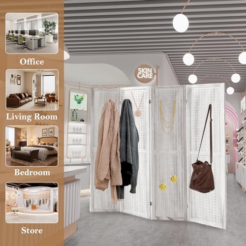 4 Panel Room Dividers and Folding Privacy Screens, 5.6Ft Wooden Pegboard Display, Privacy Dividers for Bedroom