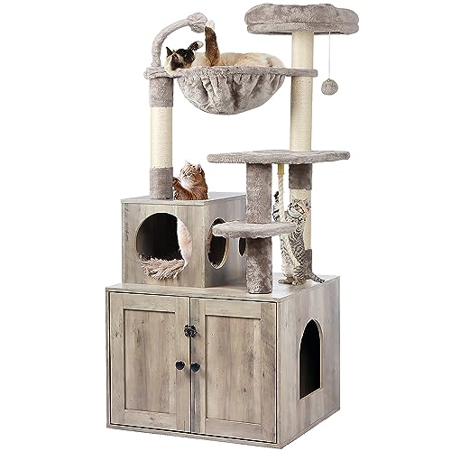 Cat Tree with Litter Box Enclosure, 2-in-1 Cat Tower for Indoor Cats, Large Wood Cat Condo with Basket, Scratching Posts, Pompoms, Rustic Brown
