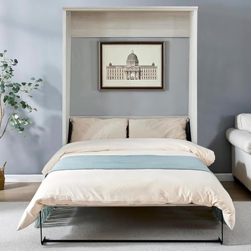 MERITLINE Queen Size Murphy Bed with Storage Bookcase Shelves,Cabinet and Charging Station,Wood Folding White Murphy Wall Bed