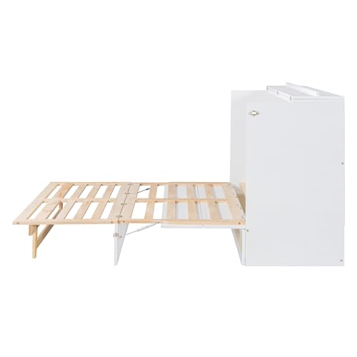Queen Size Murphy Bed Wall Bed, Solid Pine Murphy Bed Chest Cube Cabinet Bed with USB, Charging Station