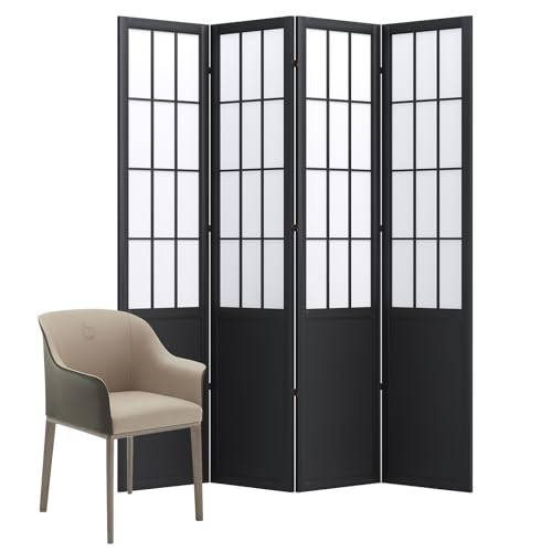 Room Divider, 66.9Inch Tall Japanese Shoji Style Folding Wood Screen with Double Hinges for Home Office Bedroom Hotel Decoration (4Panels, Black)