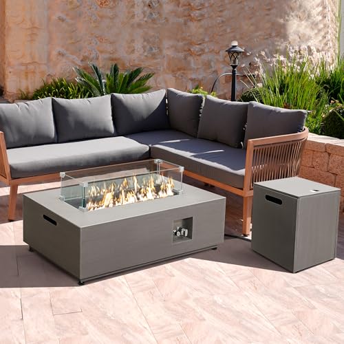 42’’ Propane Fire Pit Table Set with Tank Holder, CSA Certifed 50,000 BTU Outdoor Firepit Table, Wind Guard & Glass Stones