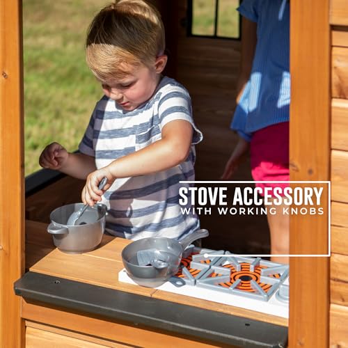 Backyard Discovery Sweetwater Cedar Wooden Kids Playhouse Cottage with Play Kitchen, Snack Bar, Half Door, Toy Phone, Windows, Flowerpot Holders
