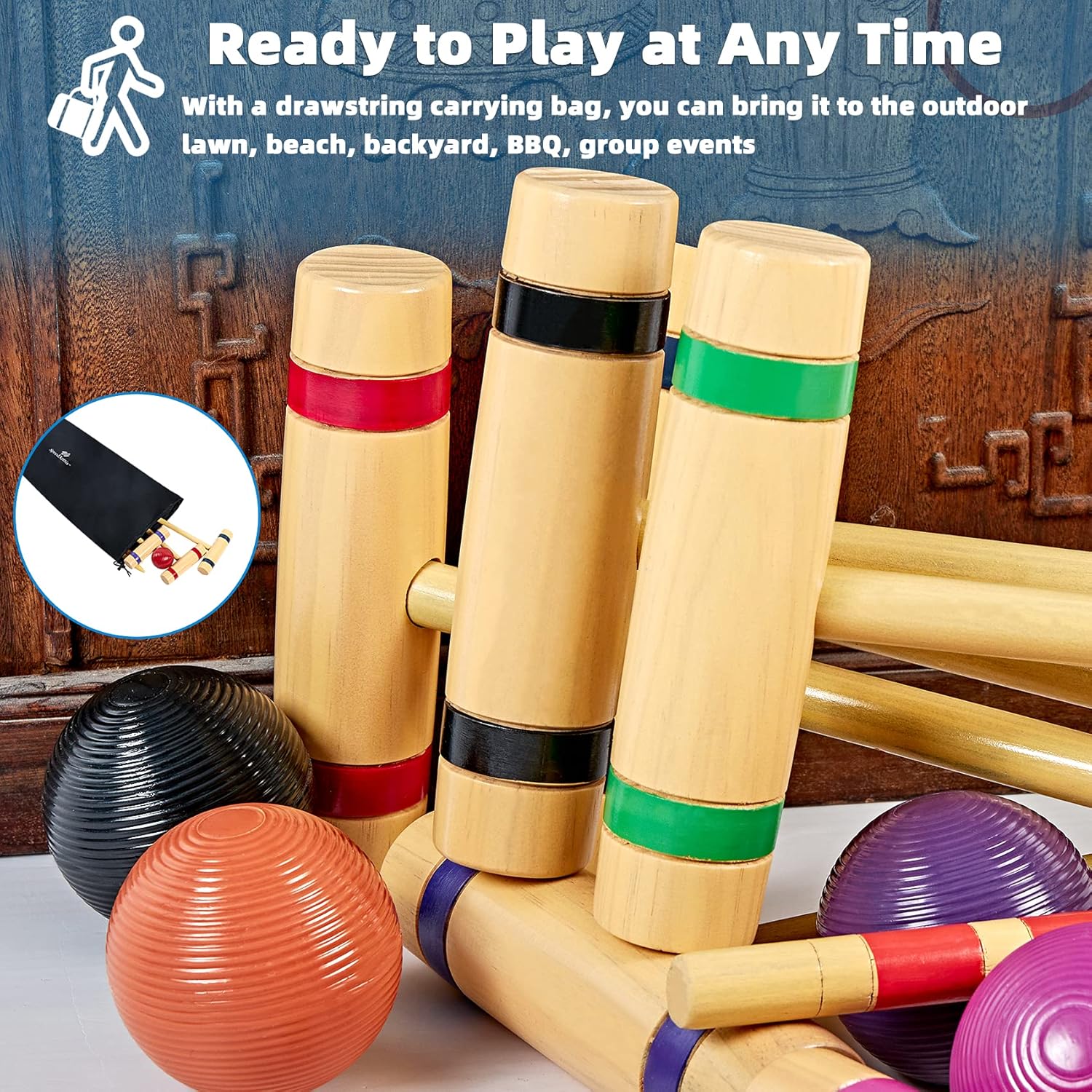 SpeedArmis 8 Players Croquet Set with 28In Pine Wooden Mallets, Colored PE Ball, Wickets, End Stakes