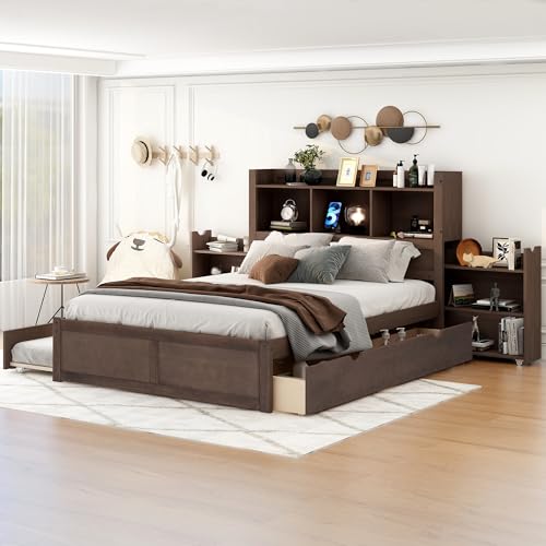Full Size Storage Bed with Bookcase Headboard and Trundle, Wood Platform Bed Frame with Charging Station