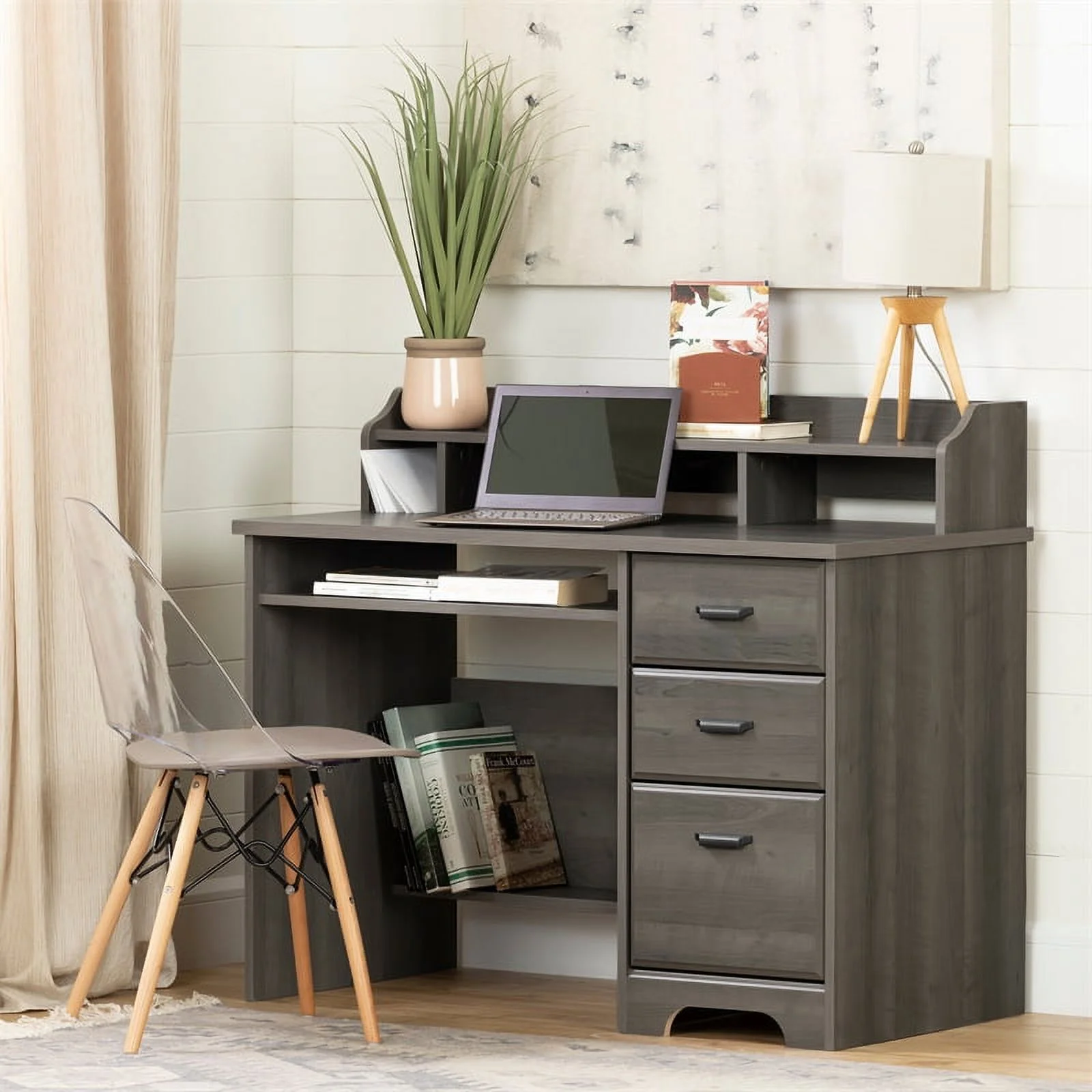 South Shore Versa Desk with Hutch and 2-Drawer File Cabinet Set in Gray Maple