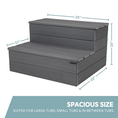 Hot Tub Steps - Wood-Looking Plastic, 100% Waterproof, Gray Non-Slip, Heavy Duty Outdoor Spa Stairs - Multi-Use for Porch, Fits Any Size