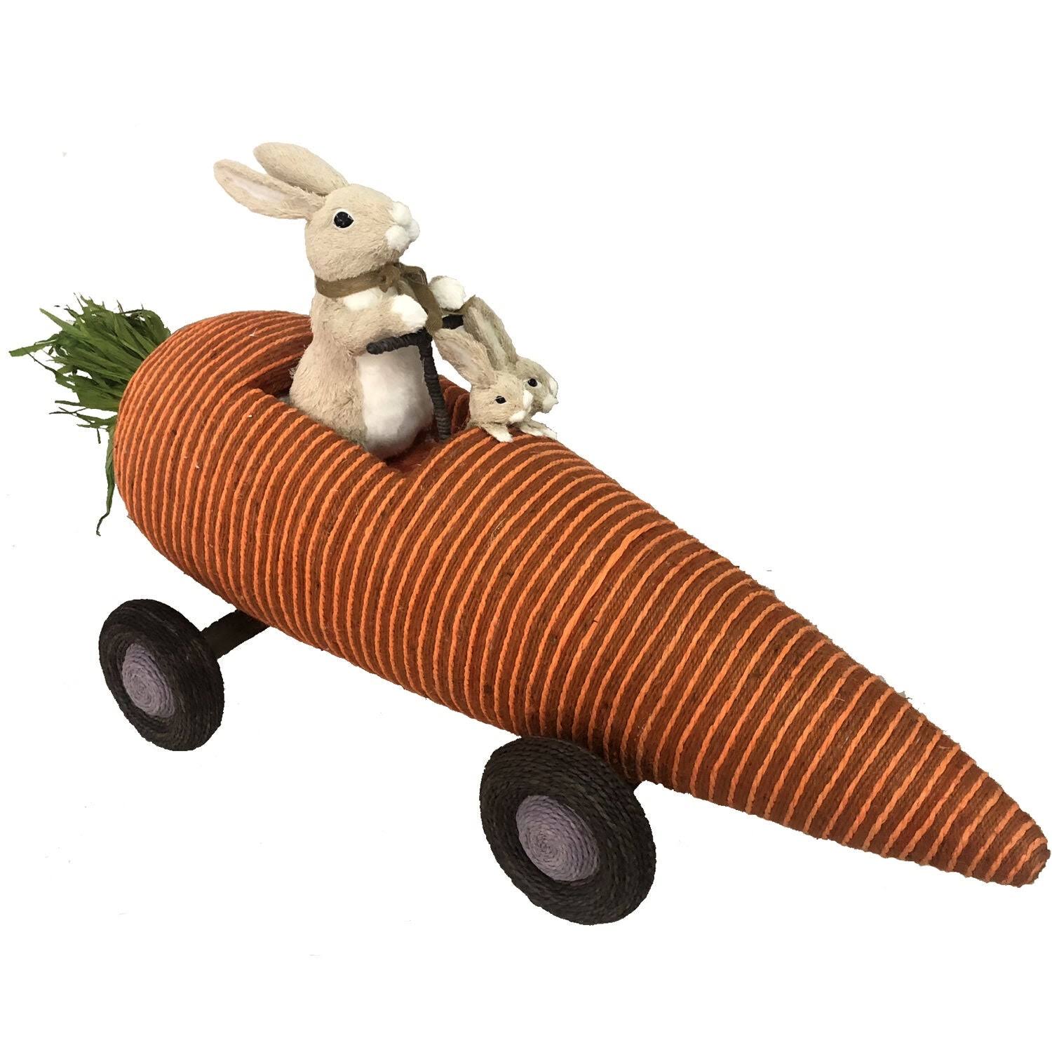 Fraser Hill Farm 29-In. Wide Sisal Carrot Car with Bunnies, Cute Easter Rabbit Figurine, Spring Decoration
