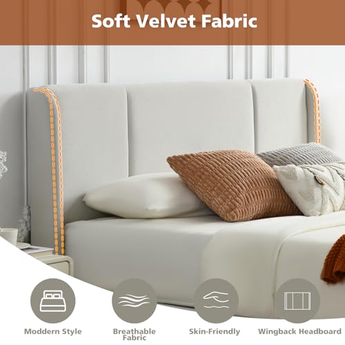 VELOCAVA Queen Size Lift Up Storage Bed with Modern Wingback Headboard, Upholstered Platform Bed with Fabric with Hydraulic Support Bars