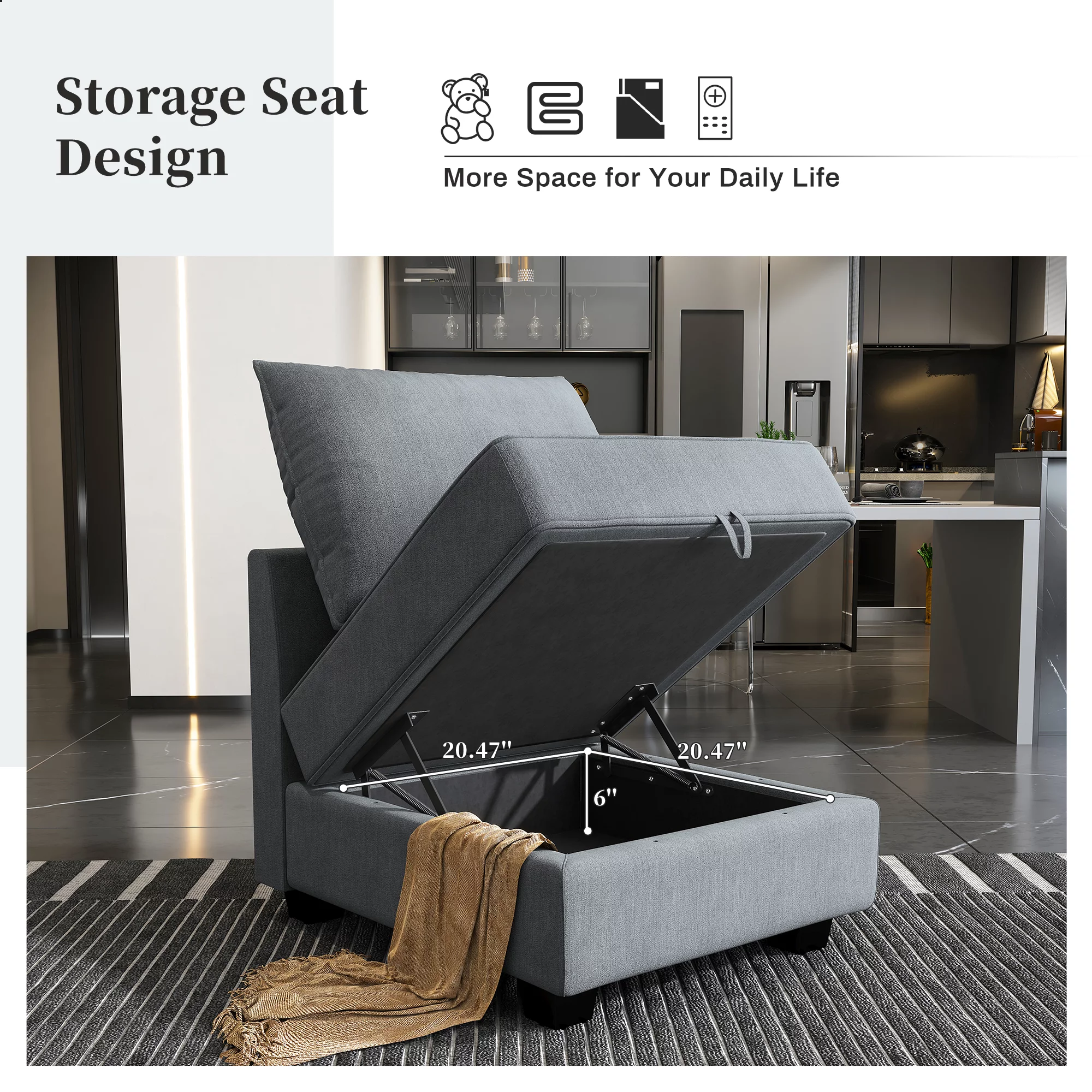 HONBAY Modern Sectional Convertible Sofa Sleeper Bed with Storage Ottomans for Living Room, Bluish Grey