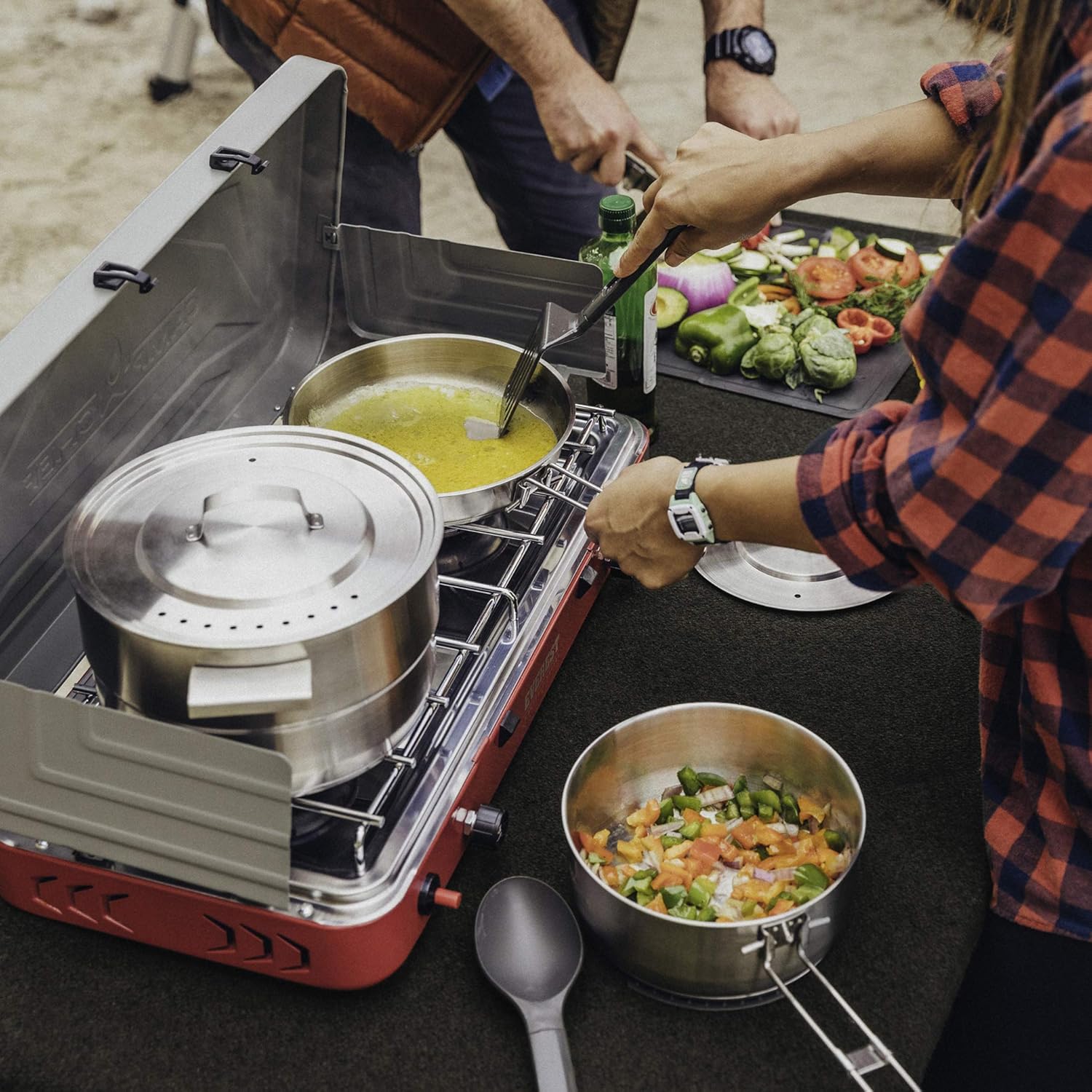 Stanley Even Heat Camp Pro Cookset, 11-Piece Camping Cookware Set with Stainless Steel Pots and Pans, Utensils, Lids, and Cooking Accessories