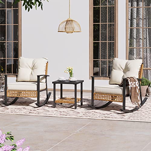 LAUSAINT HOME 3-Piece Rocking Bistro Set, Outdoor Patio Furniture with Thick Cushions and 2-Tier Coffee Table