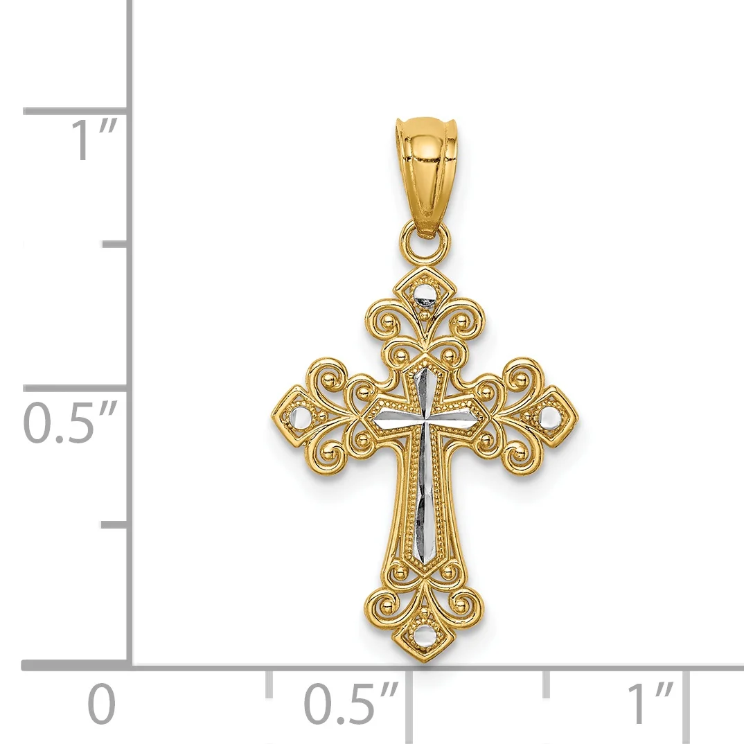 14K Two-Tone Gold Rhodium Plated Diamond Cut Cross Pendant With 14K Yellow Gold Light Weight Rope Chain 20"