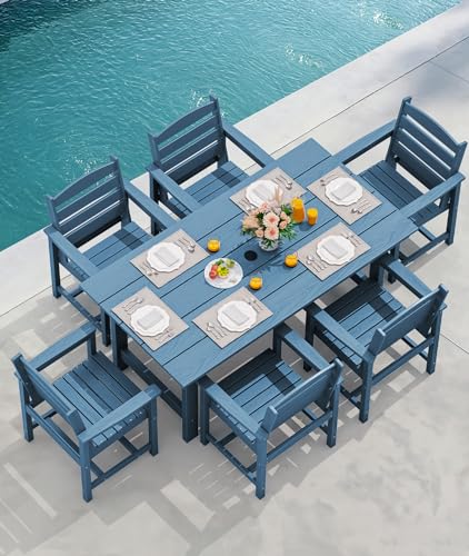 SERWALL Outdoor HDPE Dining Table Set, 7-Piece Outdoor Dining Table Sets with Umbrella Hole Cut-Out Table and 6 Chairs, Gray
