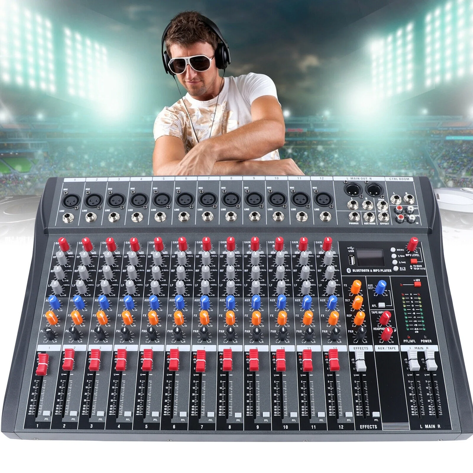 Fichiouy Pro 12Channel Audio Mixer Bluetooth USB DJ Sound Mixing Console Amplifier for Studio KTV
