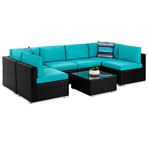Best Choice Products 7-Piece Modular Outdoor Sectional Wicker Patio Conversation Set w/ 2 Pillows, Coffee Table, Cover Included - Gray/Navy