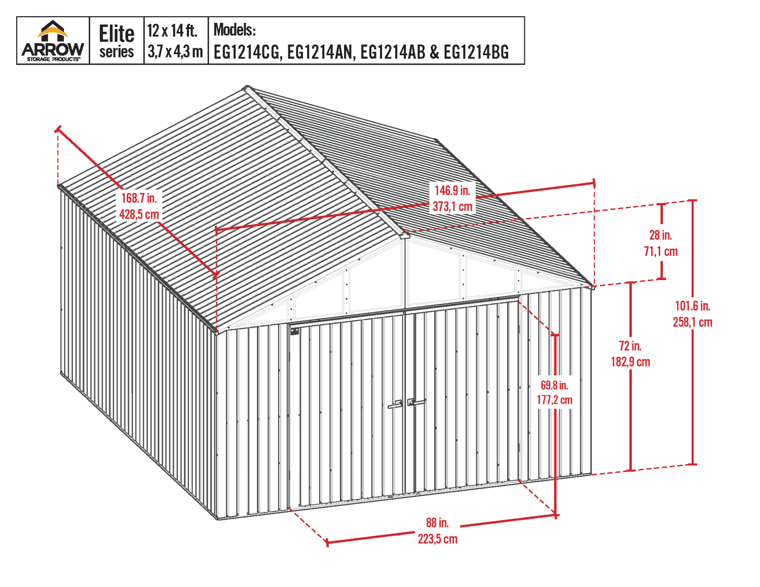 Arrow Elite Steel Storage Shed, 12x14, Cool Grey