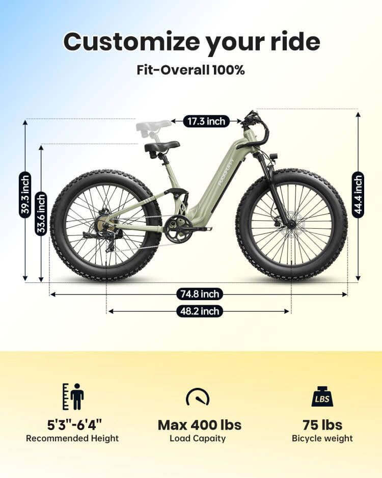 Electric Bike for Adults 960W, 48V 20AH Battery Electric Bicycles, 26" x 4" Fat Tire Full Suspension Step-Thru Ebike, 28MPH Electric Mountain Bike