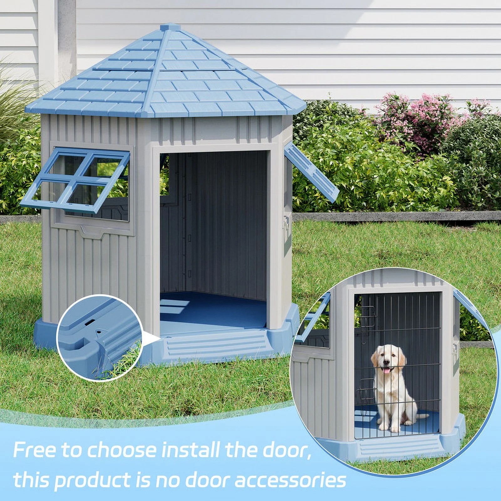 Bifanuo Durable Dog House, Indoor Outdoor Wateproof Doghouse, Pet Plastic Dog Kennel for Small Medium Dogs,Blue, 36.6"L*29.5"W*37.4"H