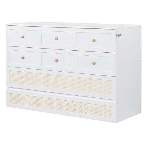Queen Size Murphy Bed Wall Bed, Solid Pine Murphy Bed Chest Cube Cabinet Bed with USB, Charging Station