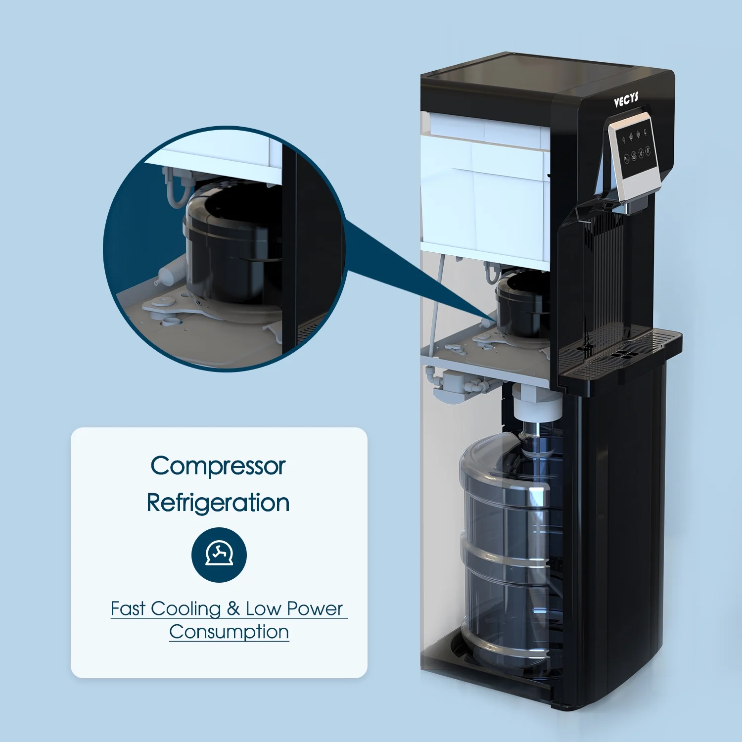 VECYS Water Dispenser with Ice Maker, 26LBS Daily Ice Making and Cold Water Supply, Bottom Loading Cooler Compatible with 3 or 5 Gallon Bottles