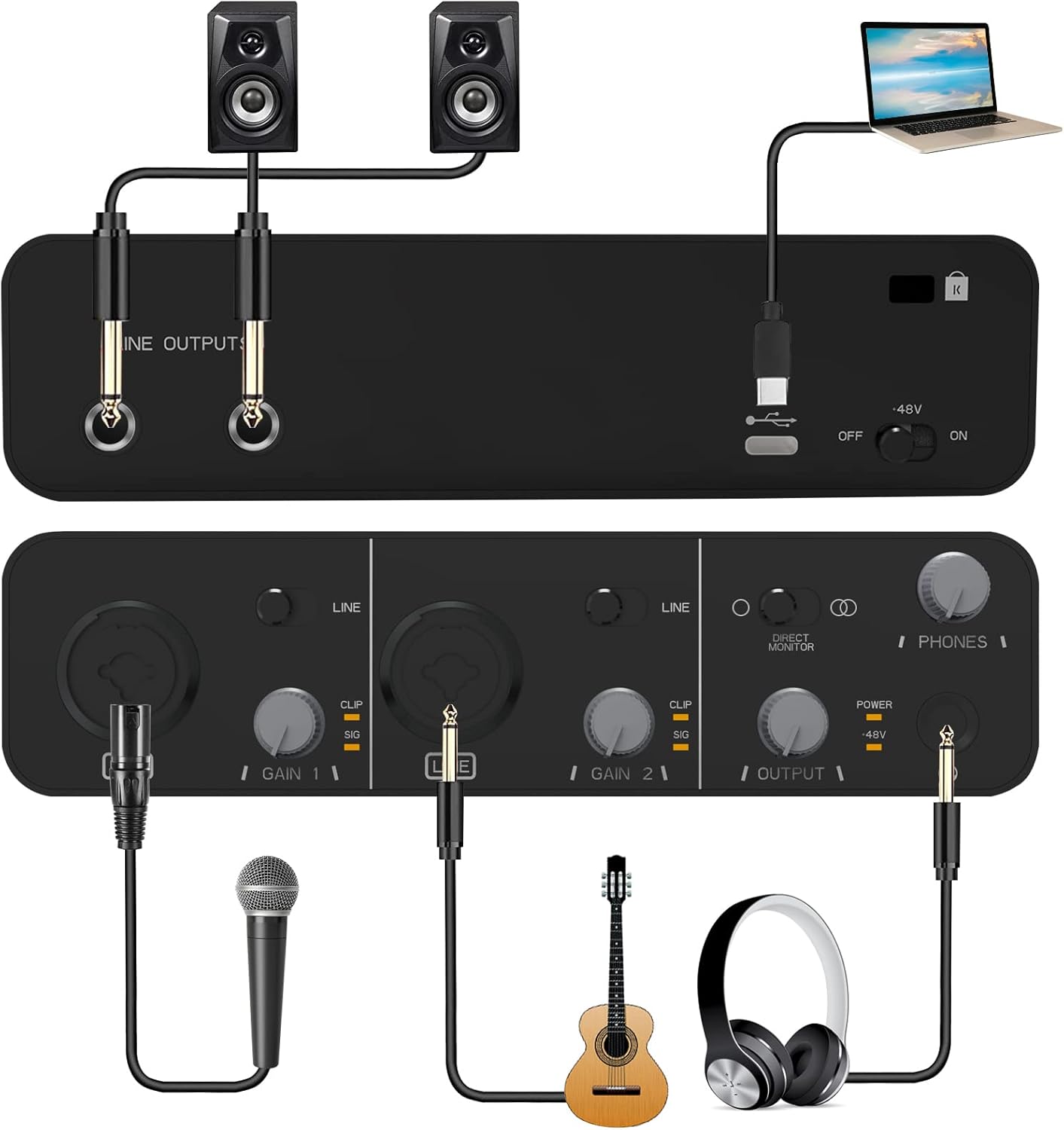 2i2 USB Audio Interface +48V Phantom Power 24Bit/96kHz for Recording Podcasting and Streaming Ultra-low Latency Plug and Play Noise-Free XLR Audio