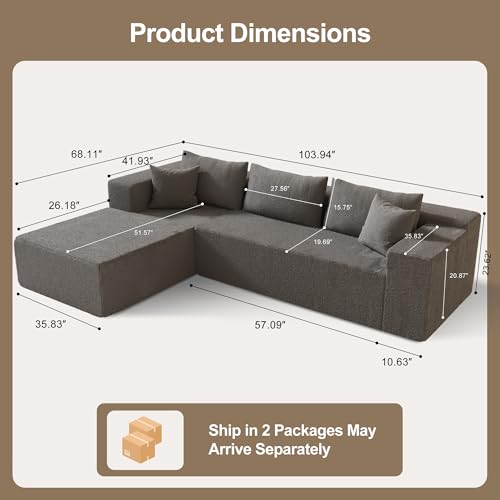 104" Sectional Couches for Living Room, Modular Sectional Sofa with Deep Seat, L-Shape Couch with Chaise, Cloud Couch for Living Room Bedroom