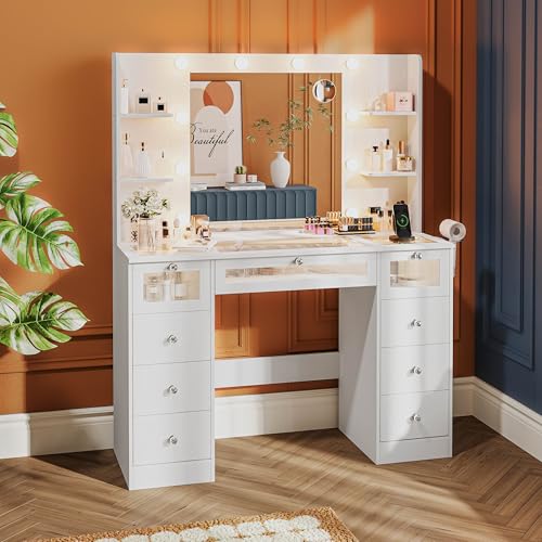 Vanity Desk with Mirror and Lights, Glass Top Vanity with 9 Drawers Including 3 LED Drawers, 4 Shelves & Power Outlet