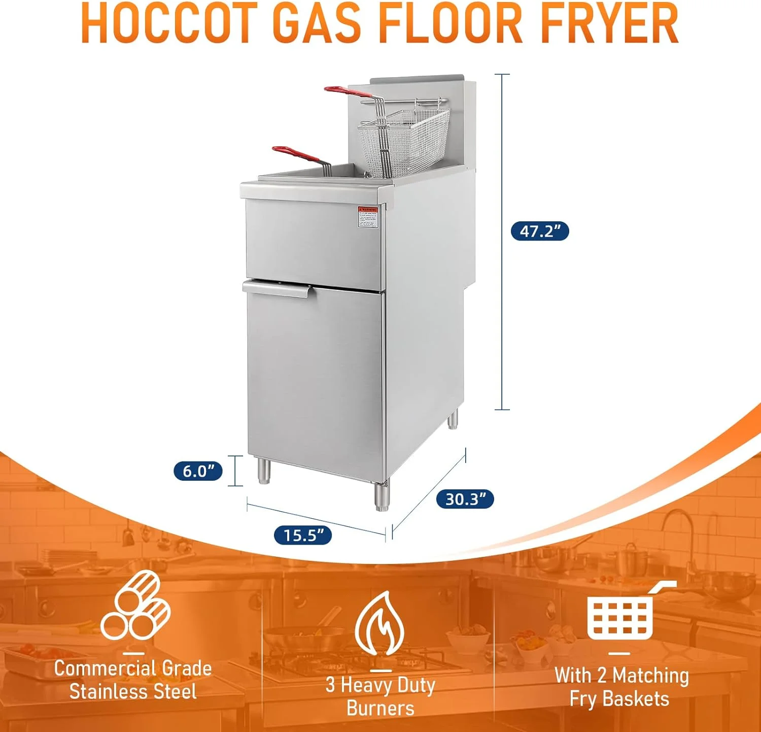 HOCCOT Commercial Deep Fryer with 3 Tube Burners, Stainless Steel Gas Floor Fryer in 90,000 BTU