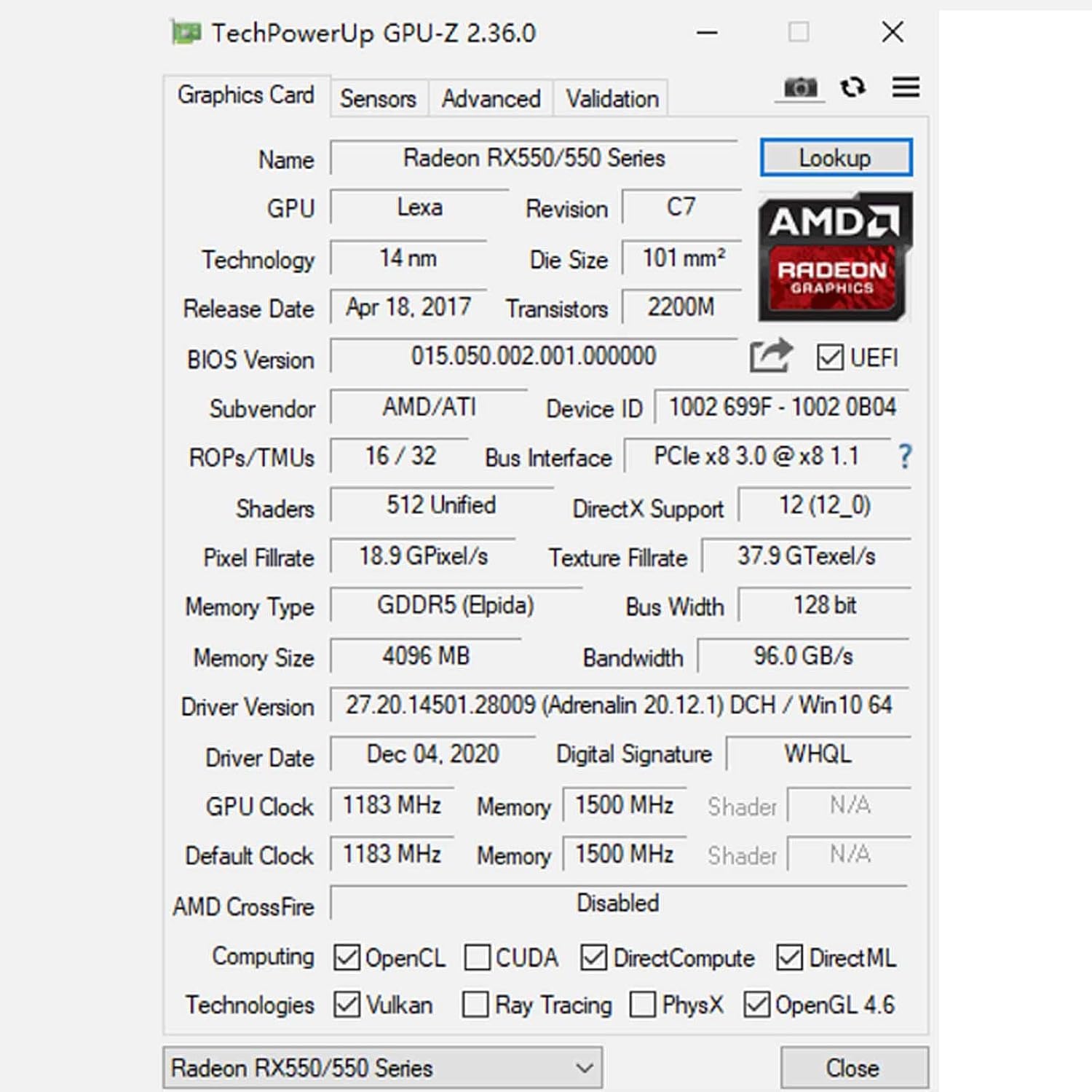 SAPLOS Radeon RX 550 Low Profile Graphics Card, 4GB, GDDR5, 128-bit, VGA/DVI-D/HDMI, Video Card for PC Gaming, 4k@60Hz Output, Computer GPU