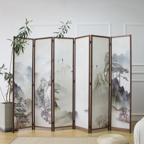 6 Panel Room Divider Screen,Double Faced Room Divider Folding Wall Divider for Room Separation,Mountains and Waters Landscape,67" H x 94.5" W