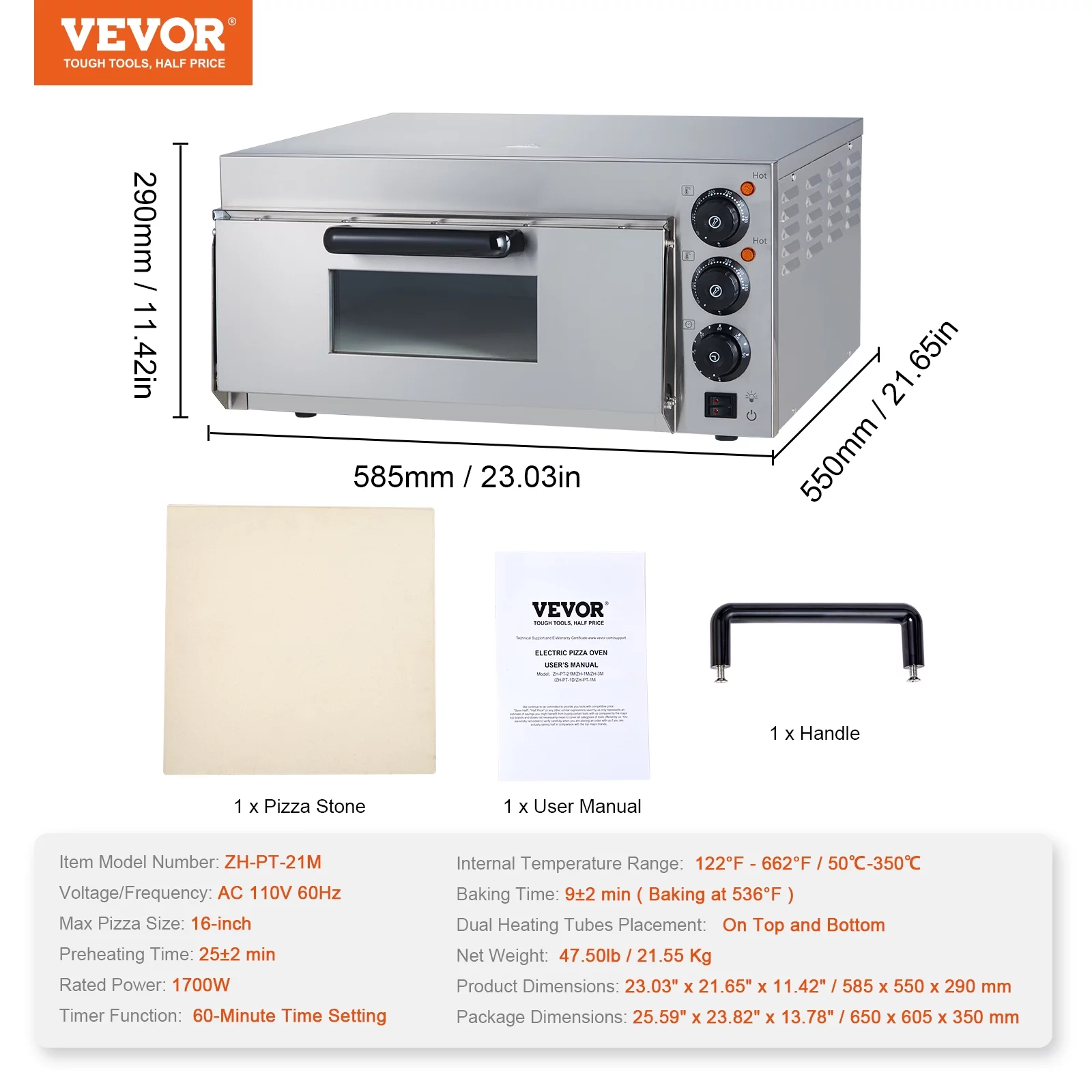 BENTISM Electric Countertop Pizza Oven 16-inch, 1700W Commercial Pizza Oven with Adjustable Temperature & 0-60 Minutes Timer