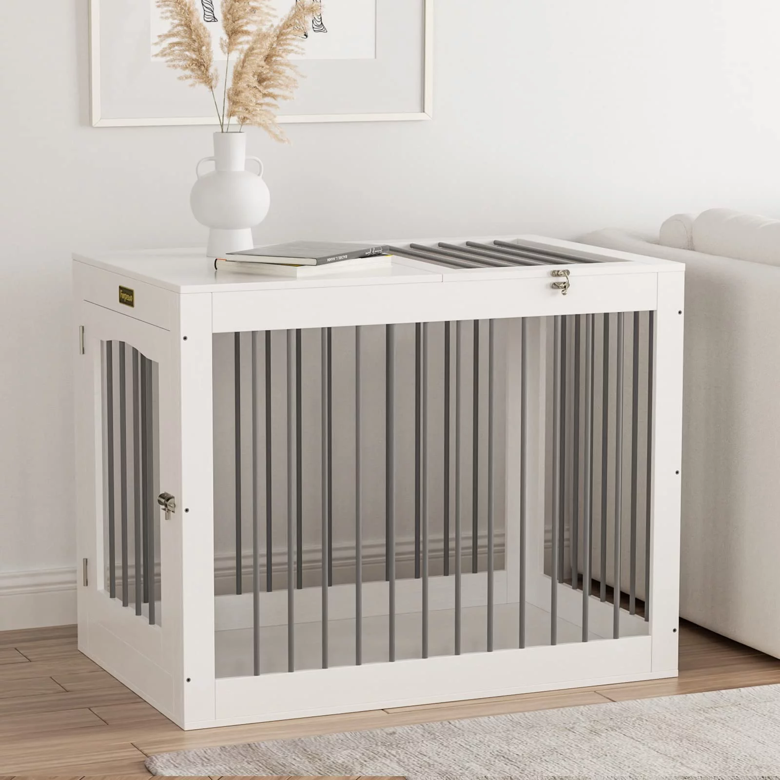 Furniture Style Dog Crate, Wooden Dog Kennels with Double Doors, Modern Decorative Dog Crates for Medium Large Dogs, Dog Cage Indoor, White