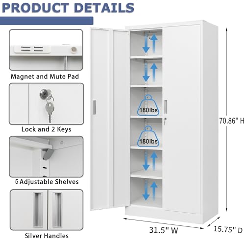 Metal Storage Cabinet, 72" H x 36" W x 18" D Locking Cabinet with Adjustable Shelves, Steel Storage Cabinets for Garage, Home, Office, Pantry (White)