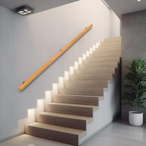 6FT Wood Stair Handrails Wall Mount, Hand Railings for Stairs Indoor Outdoor, Non-Slip Staircase Handrail for Corridor, Lofts, Patio